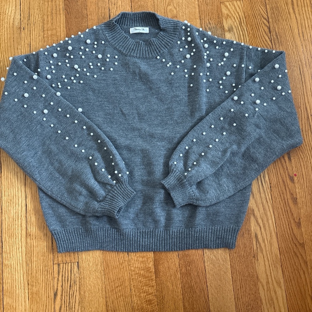 Elegant Gray Sweater with Pearl Accents